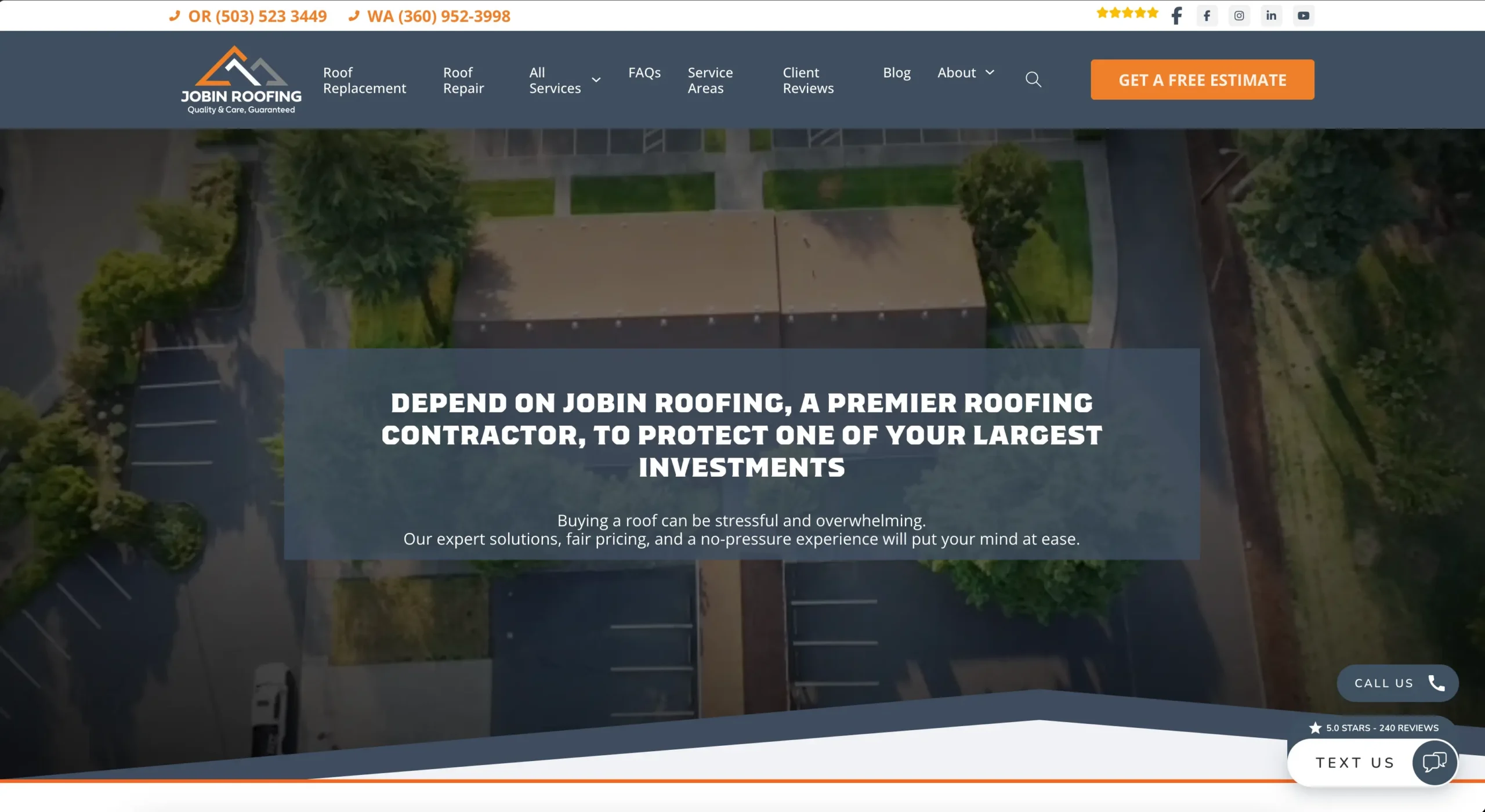 Full Jobin Roofing homepage shown inside a desktop browser mockup